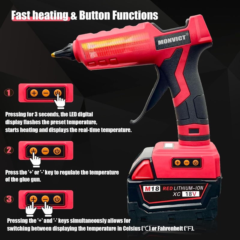 MONVICT Cordless Glue Gun for Milwaukee 18V Battery with 50 Glue Sticks, 100W Upgraded Digital Temperature Adjustable Handheld Electric Power Full Size Heavy Duty Hot Glue Gun (Tools only) - Image 5